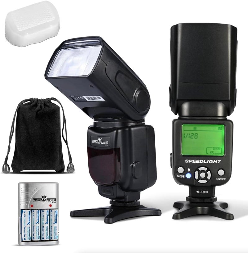 COMMANDER OPTICS E-TTL Flash Speedlite Bounce/Swivel LED Backlit with 4 Rechargeable AA Batteries for Canon Rebel T7, SL3, 4000D, 850D, 80D, 90D, R, RP, R5, R6, R8, 6D Mark II, 5D Mark IV & More - Image 1